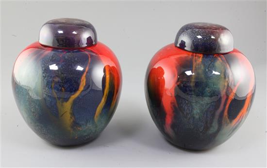 A pair of Royal Doulton Sung ware flambe glaze ginger jar and covers, early 20th century, height 20.5cm